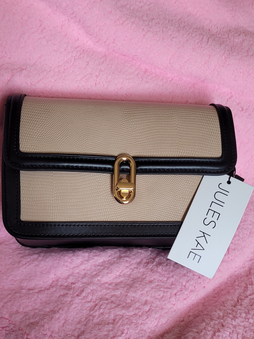 Jules Kae Beige & Black Crossbody with Gold Turn-Lock